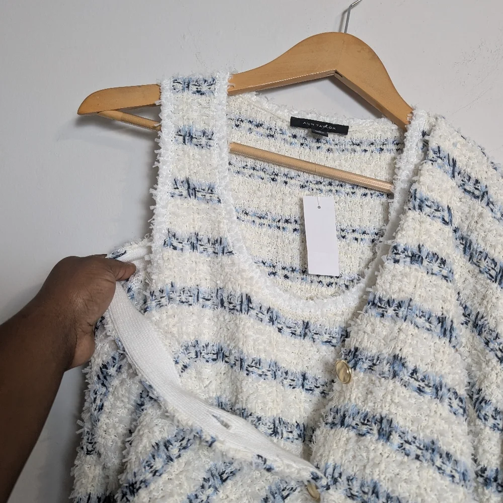 Ann Taylor Cardigan Set Tweed Stripe Gold Button Blue White Fuzzy Sweater Sz S